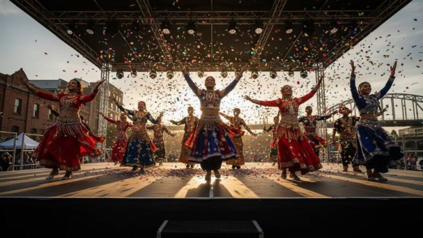 A vibrant, wide-angle shot of a climactic dance performance at the Footscray multicultural festival, bathed in dramatic sunset golden hour lighting, capturing the energy and diversity of Footscray multicultural festival photography Melbourne.