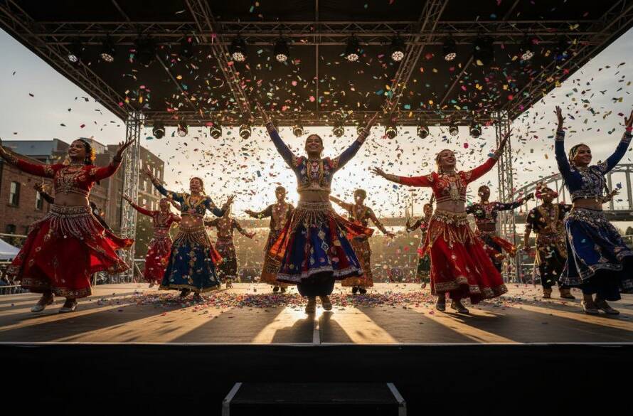 A vibrant, wide-angle shot of a climactic dance performance at the Footscray multicultural festival, bathed in dramatic sunset golden hour lighting, capturing the energy and diversity of Footscray multicultural festival photography Melbourne.