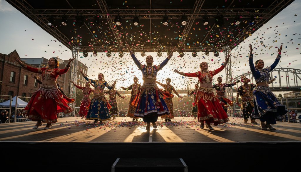 A vibrant, wide-angle shot of a climactic dance performance at the Footscray multicultural festival, bathed in dramatic sunset golden hour lighting, capturing the energy and diversity of Footscray multicultural festival photography Melbourne.