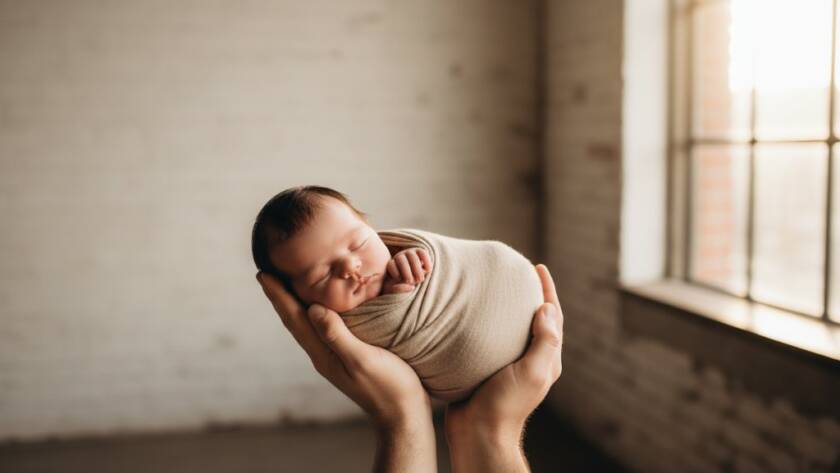 An emotive, professional shot of a newborn baby held gently by parents in a sun-drenched, rustic Footscray setting, embodying Footscray newborn photography authentic family moments with warm, dramatic lighting.