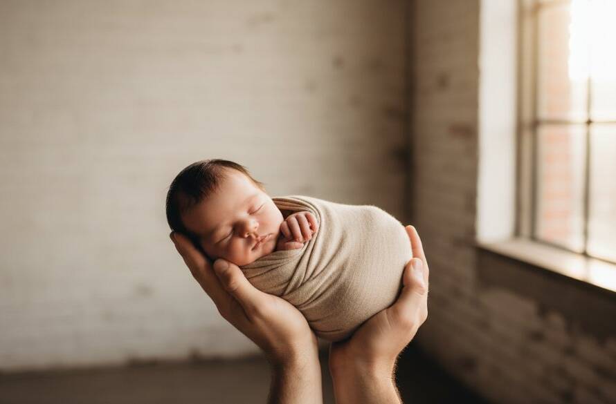An emotive, professional shot of a newborn baby held gently by parents in a sun-drenched, rustic Footscray setting, embodying Footscray newborn photography authentic family moments with warm, dramatic lighting.