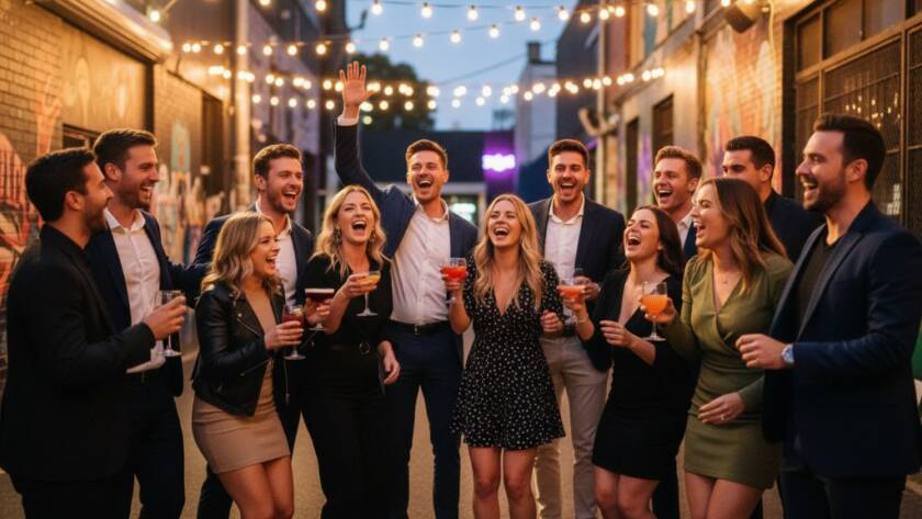 Dynamic wide shot of a multi-cultural group of friends laughing and dancing under string lights at a vibrant outdoor event in Footscray, with the iconic Footscray Market in the background at dusk, perfectly illustrating Footscray party photography capturing candid joy with dramatic lighting and professional colour grading.