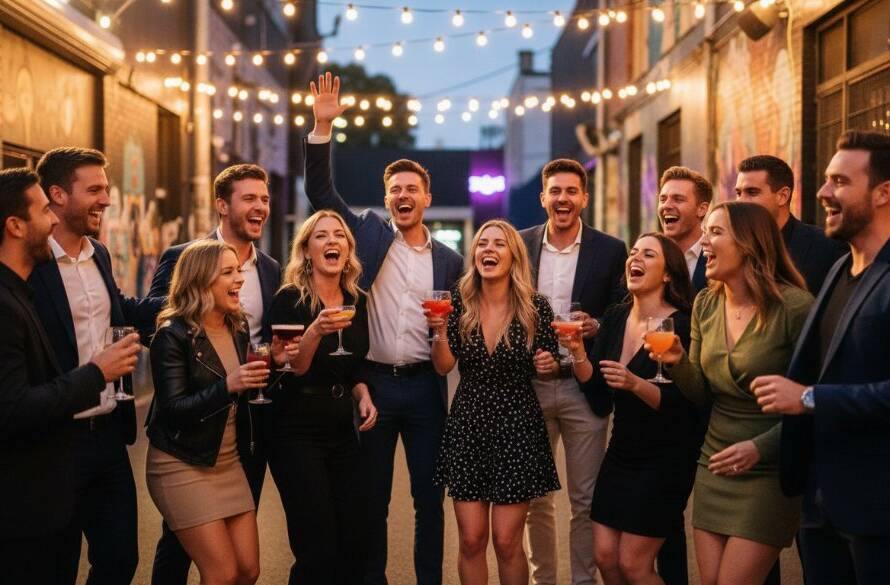 Dynamic wide shot of a multi-cultural group of friends laughing and dancing under string lights at a vibrant outdoor event in Footscray, with the iconic Footscray Market in the background at dusk, perfectly illustrating Footscray party photography capturing candid joy with dramatic lighting and professional colour grading.