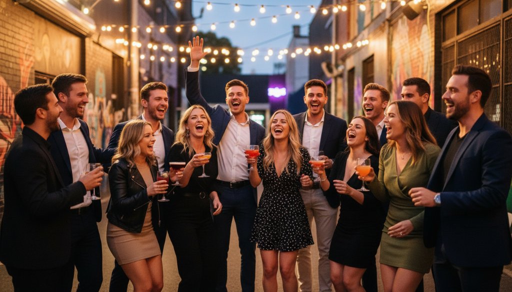 Dynamic wide shot of a multi-cultural group of friends laughing and dancing under string lights at a vibrant outdoor event in Footscray, with the iconic Footscray Market in the background at dusk, perfectly illustrating Footscray party photography capturing candid joy with dramatic lighting and professional colour grading.