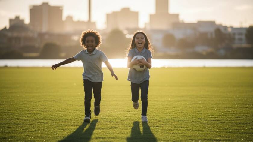 An 'epic moment' photograph capturing Footscray primary school photography genuine smiles: a group of diverse primary school children, laughing heartily and running through a sun-drenched oval at a Footscray school, with Maribyrnong River in the background. Dramatic golden hour lighting accentuates their joy.