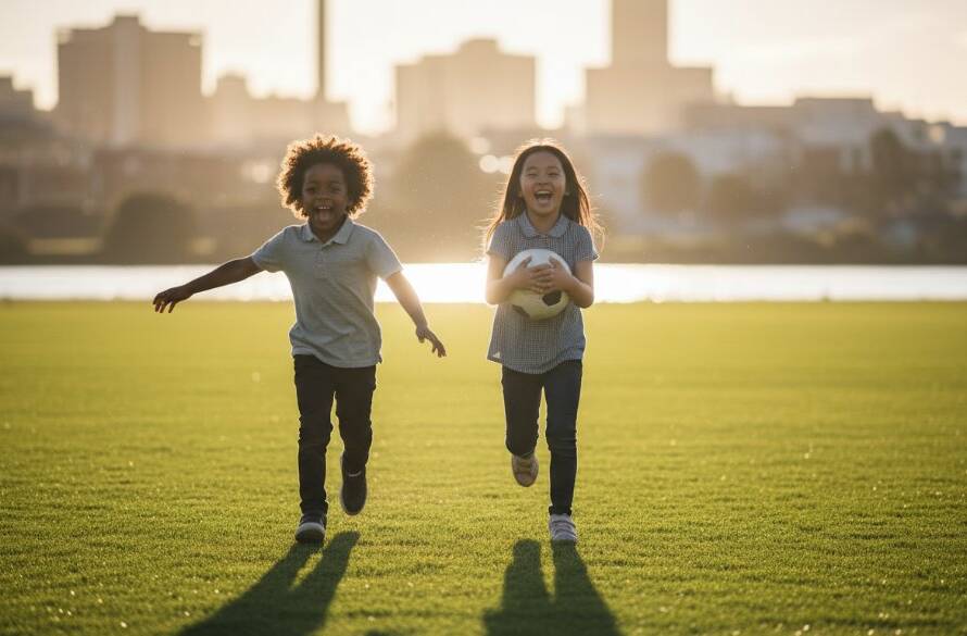 An 'epic moment' photograph capturing Footscray primary school photography genuine smiles: a group of diverse primary school children, laughing heartily and running through a sun-drenched oval at a Footscray school, with Maribyrnong River in the background. Dramatic golden hour lighting accentuates their joy.