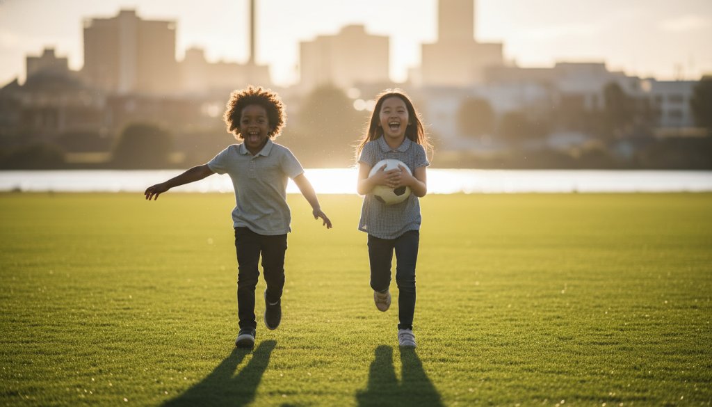 An 'epic moment' photograph capturing Footscray primary school photography genuine smiles: a group of diverse primary school children, laughing heartily and running through a sun-drenched oval at a Footscray school, with Maribyrnong River in the background. Dramatic golden hour lighting accentuates their joy.