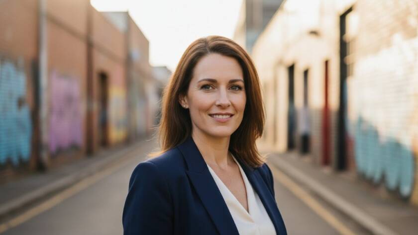 A dynamic, high-contrast professional portrait capturing a Footscray creative entrepreneur mid-stride, showcasing their confidence and unique style against a blurred industrial Footscray backdrop, for Footscray professional headshots.