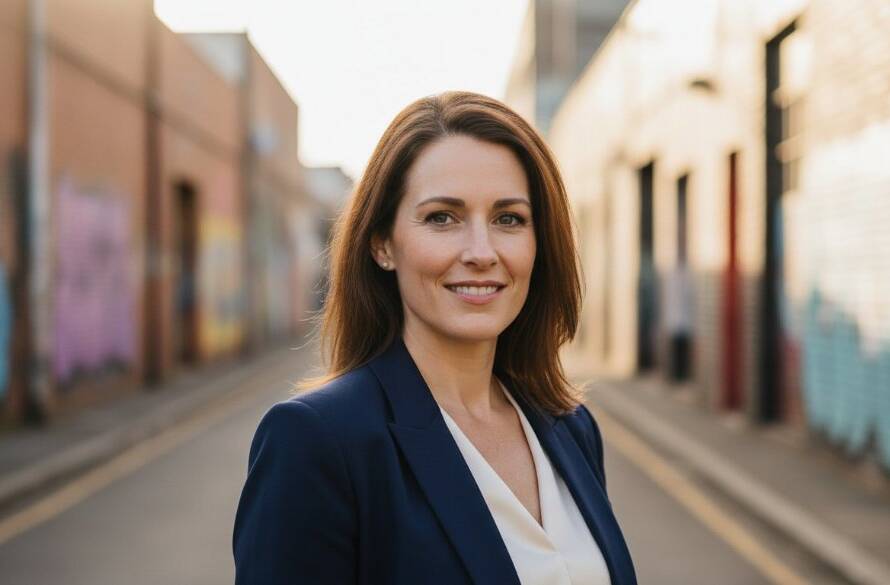 A dynamic, high-contrast professional portrait capturing a Footscray creative entrepreneur mid-stride, showcasing their confidence and unique style against a blurred industrial Footscray backdrop, for Footscray professional headshots.