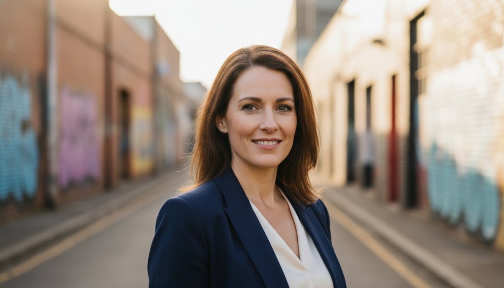 A dynamic, high-contrast professional portrait capturing a Footscray creative entrepreneur mid-stride, showcasing their confidence and unique style against a blurred industrial Footscray backdrop, for Footscray professional headshots.