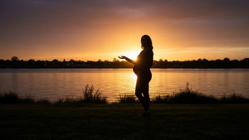 A radiant expectant mother, beautifully captured during a Footscray riverside maternity photoshoot experience, standing gracefully by the Maribyrnong River at sunset, dramatic backlighting illuminating her silhouette, showcasing the serene beauty of pregnancy.