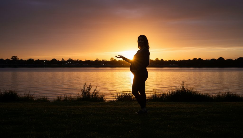 A radiant expectant mother, beautifully captured during a Footscray riverside maternity photoshoot experience, standing gracefully by the Maribyrnong River at sunset, dramatic backlighting illuminating her silhouette, showcasing the serene beauty of pregnancy.