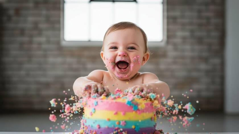 A baby with joyful expression amidst colourful cake crumbs, capturing a Footscray Victoria Cake Smash Photography joyous first birthday epic moment, dramatic lighting.