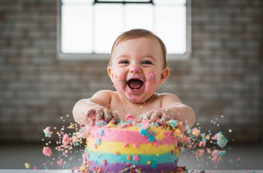 A baby with joyful expression amidst colourful cake crumbs, capturing a Footscray Victoria Cake Smash Photography joyous first birthday epic moment, dramatic lighting.