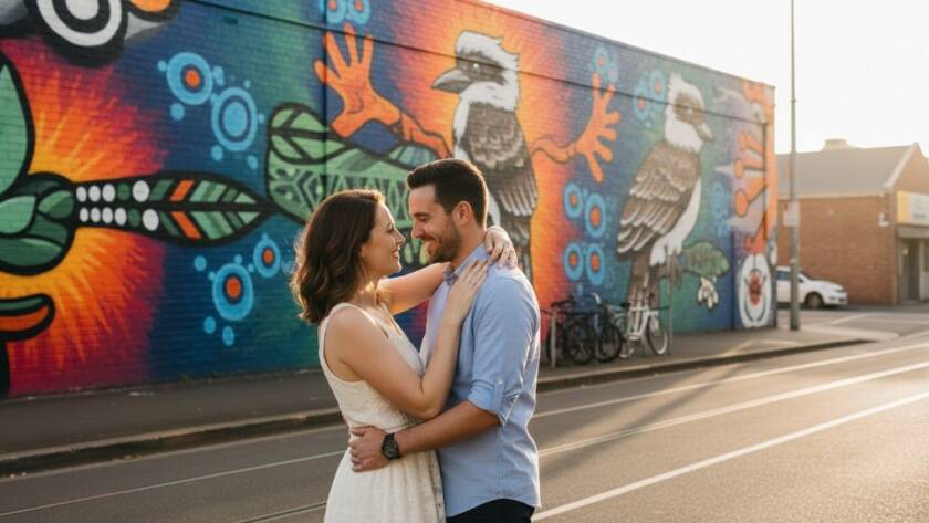A newly engaged couple sharing a tender, cinematic embrace against a vibrant street art mural in Footscray, Victoria, beautifully captured as part of their Footscray Victoria engagement photography urban street art session, with dramatic light.