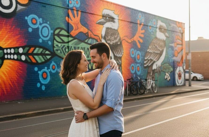 A newly engaged couple sharing a tender, cinematic embrace against a vibrant street art mural in Footscray, Victoria, beautifully captured as part of their Footscray Victoria engagement photography urban street art session, with dramatic light.