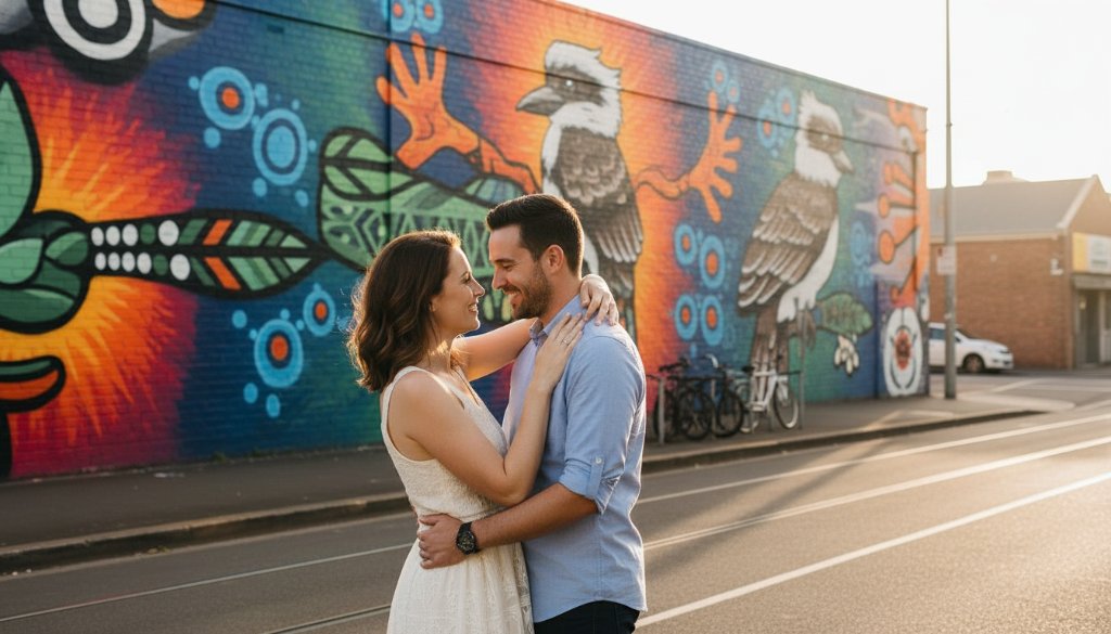 A newly engaged couple sharing a tender, cinematic embrace against a vibrant street art mural in Footscray, Victoria, beautifully captured as part of their Footscray Victoria engagement photography urban street art session, with dramatic light.