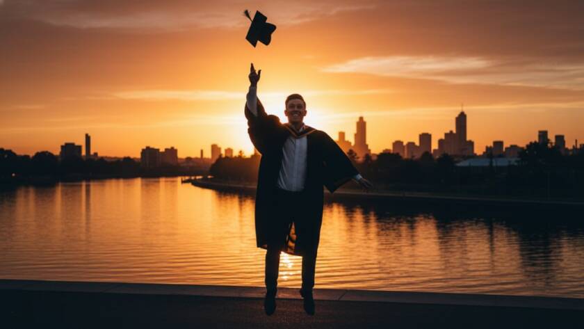 A jubilant graduate in Footscray, Victoria, throwing their cap into the air against a dramatic sunset backdrop near the Maribyrnong River, encapsulating the essence of professional Footscray Victoria graduation photography for university celebrations.