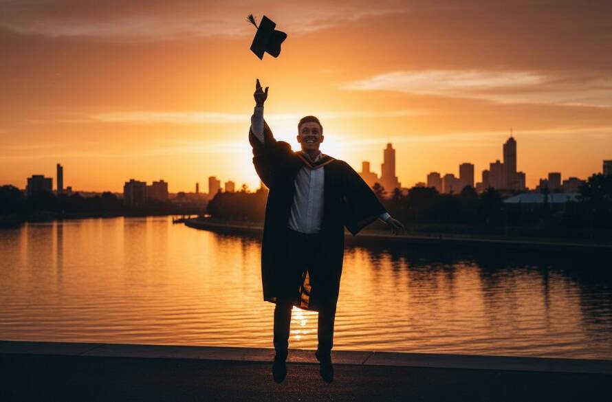 A jubilant graduate in Footscray, Victoria, throwing their cap into the air against a dramatic sunset backdrop near the Maribyrnong River, encapsulating the essence of professional Footscray Victoria graduation photography for university celebrations.