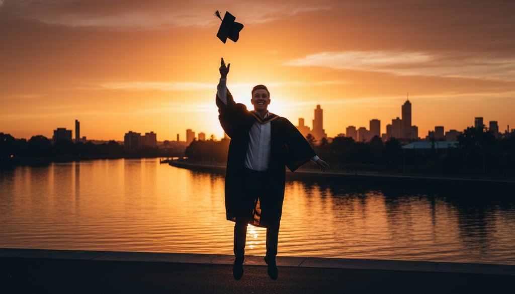 A jubilant graduate in Footscray, Victoria, throwing their cap into the air against a dramatic sunset backdrop near the Maribyrnong River, encapsulating the essence of professional Footscray Victoria graduation photography for university celebrations.