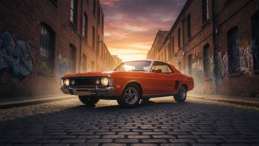 An epic moment of a gleaming, perfectly restored vintage car captured during a dramatic Footscray vintage car photography session at sunset, with industrial architecture silhouetted in the background, professional colour grading.