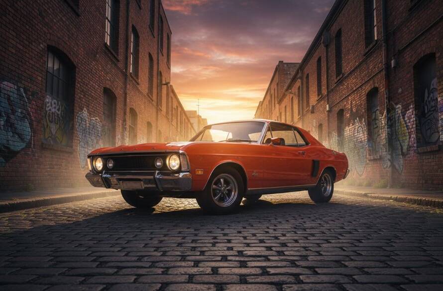 An epic moment of a gleaming, perfectly restored vintage car captured during a dramatic Footscray vintage car photography session at sunset, with industrial architecture silhouetted in the background, professional colour grading.
