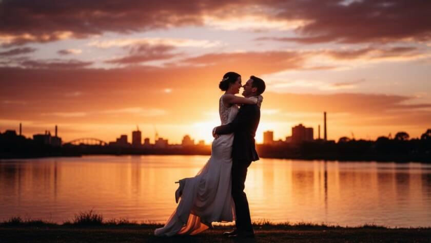 An emotional wide shot capturing the newlyweds during Footscray wedding photography capturing candid moments, laughing joyfully amidst the vibrant street art of Footscray with dynamic natural light filtering through, creating a truly epic moment.