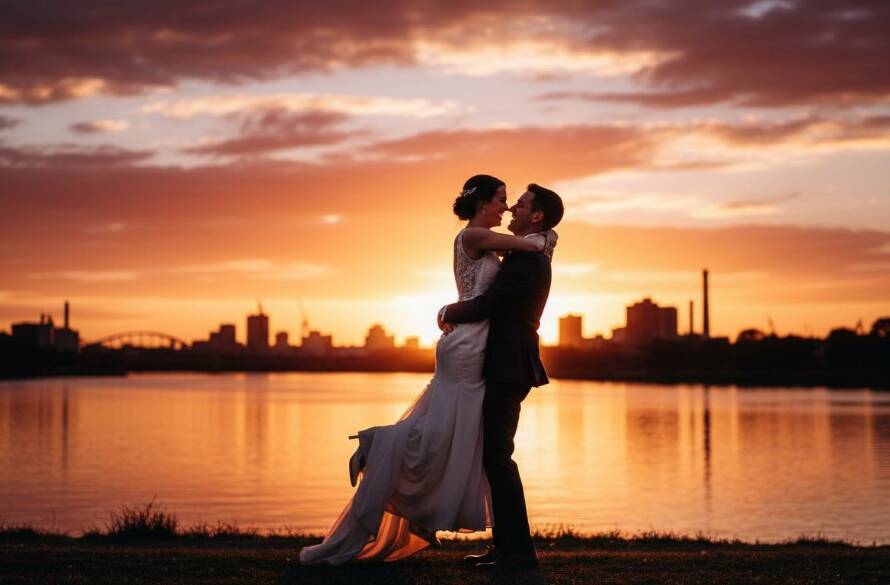 An emotional wide shot capturing the newlyweds during Footscray wedding photography capturing candid moments, laughing joyfully amidst the vibrant street art of Footscray with dynamic natural light filtering through, creating a truly epic moment.