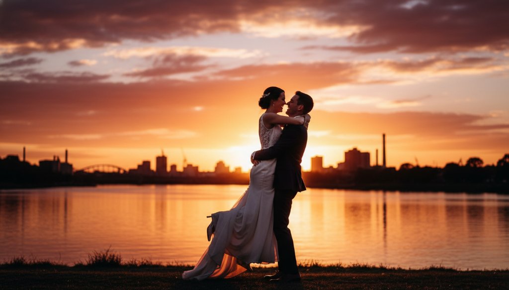 An emotional wide shot capturing the newlyweds during Footscray wedding photography capturing candid moments, laughing joyfully amidst the vibrant street art of Footscray with dynamic natural light filtering through, creating a truly epic moment.