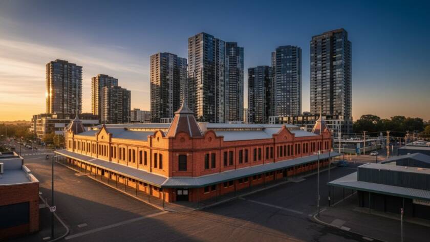 A dramatic, cinematic photograph showcasing Footscray's evolving architecture photography Melbourne at dusk, with the historic Footscray Market building bathed in warm golden light, contrasting with modern apartment blocks, under a vivid twilight sky, capturing the suburb's unique blend of old and new.