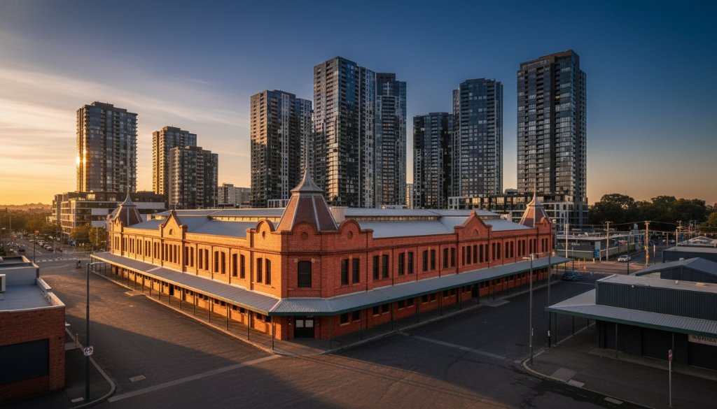 A dramatic, cinematic photograph showcasing Footscray's evolving architecture photography Melbourne at dusk, with the historic Footscray Market building bathed in warm golden light, contrasting with modern apartment blocks, under a vivid twilight sky, capturing the suburb's unique blend of old and new.