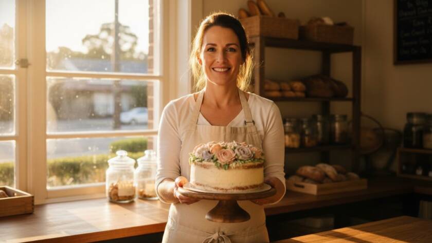 An epic moment captured in Forest Hill advertising photography for small businesses, showcasing a vibrant local café owner proudly presenting freshly baked artisan bread with dramatic backlighting and a warm, inviting atmosphere, reflecting the community spirit of Forest Hill, Victoria.