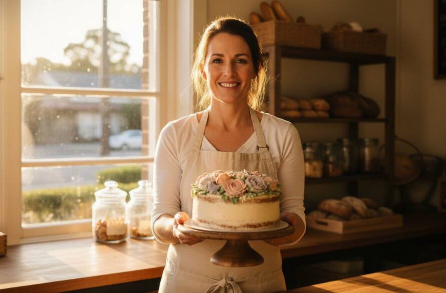 An epic moment captured in Forest Hill advertising photography for small businesses, showcasing a vibrant local café owner proudly presenting freshly baked artisan bread with dramatic backlighting and a warm, inviting atmosphere, reflecting the community spirit of Forest Hill, Victoria.