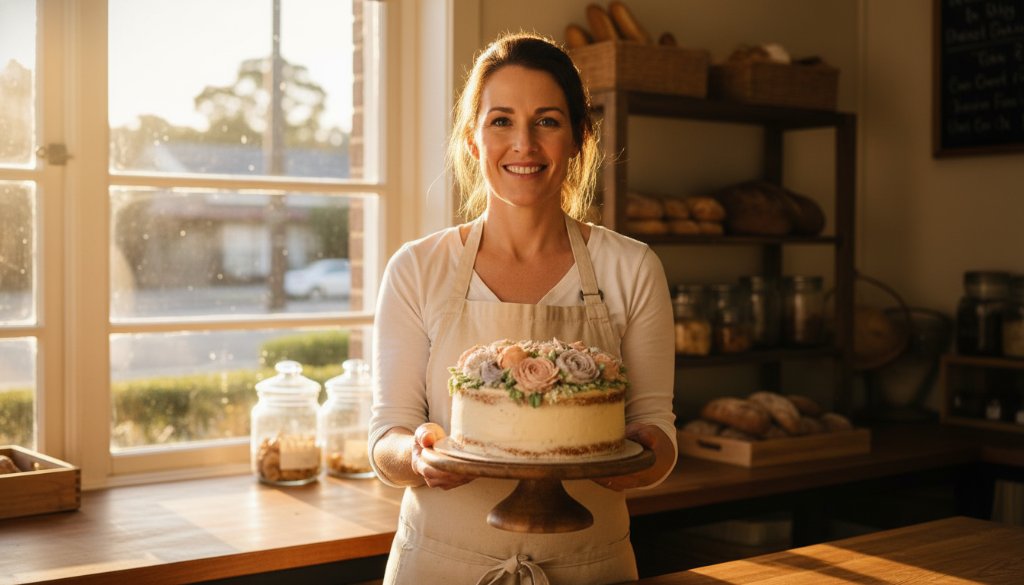 An epic moment captured in Forest Hill advertising photography for small businesses, showcasing a vibrant local café owner proudly presenting freshly baked artisan bread with dramatic backlighting and a warm, inviting atmosphere, reflecting the community spirit of Forest Hill, Victoria.