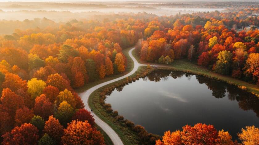 An aerial view captured through Forest Hill drone photography capturing autumn colours, showcasing a vibrant canopy of red and gold trees surrounding a peaceful local park at sunrise, with golden light filtering through the mist, creating an epic and serene landscape.