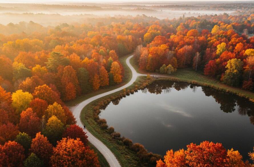 An aerial view captured through Forest Hill drone photography capturing autumn colours, showcasing a vibrant canopy of red and gold trees surrounding a peaceful local park at sunrise, with golden light filtering through the mist, creating an epic and serene landscape.