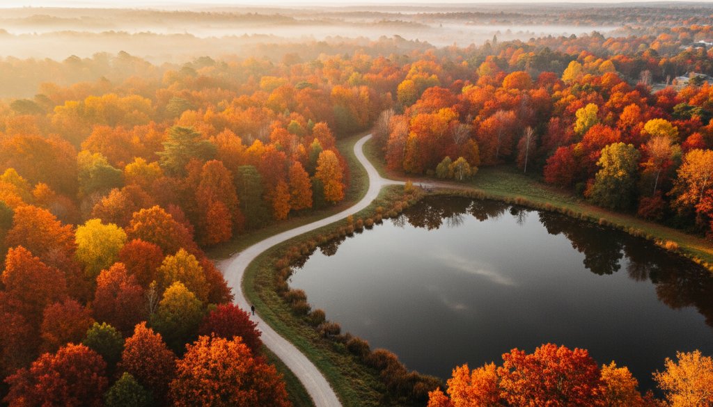 An aerial view captured through Forest Hill drone photography capturing autumn colours, showcasing a vibrant canopy of red and gold trees surrounding a peaceful local park at sunrise, with golden light filtering through the mist, creating an epic and serene landscape.