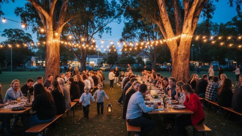 Dynamic wide-angle shot of a joyous celebration at a community festival in Forest Hill, Victoria, with colourful lights and happy attendees, perfectly embodying Forest Hill Event Photography Capturing Melbourne Memories, professional and emotionally resonant.