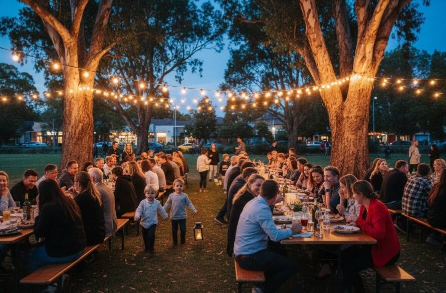 Dynamic wide-angle shot of a joyous celebration at a community festival in Forest Hill, Victoria, with colourful lights and happy attendees, perfectly embodying Forest Hill Event Photography Capturing Melbourne Memories, professional and emotionally resonant.