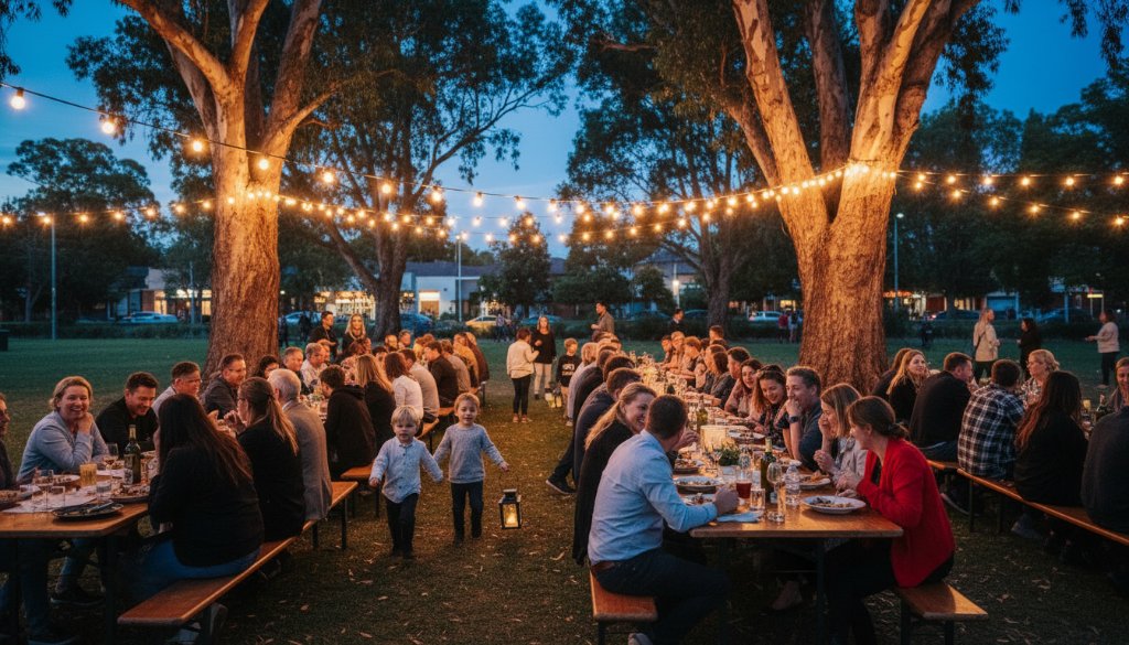 Dynamic wide-angle shot of a joyous celebration at a community festival in Forest Hill, Victoria, with colourful lights and happy attendees, perfectly embodying Forest Hill Event Photography Capturing Melbourne Memories, professional and emotionally resonant.