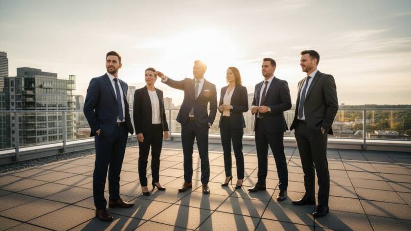 Dramatic wide shot of a diverse executive team, expertly captured by Forest Hill executive team portraits specialists, silhouetted against a setting sun reflecting off a modern building in Forest Hill, Victoria, conveying leadership and success.