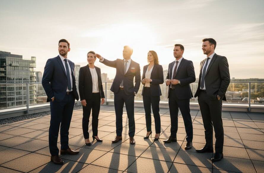 Dramatic wide shot of a diverse executive team, expertly captured by Forest Hill executive team portraits specialists, silhouetted against a setting sun reflecting off a modern building in Forest Hill, Victoria, conveying leadership and success.