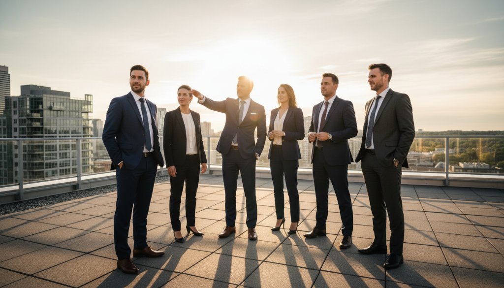 Dramatic wide shot of a diverse executive team, expertly captured by Forest Hill executive team portraits specialists, silhouetted against a setting sun reflecting off a modern building in Forest Hill, Victoria, conveying leadership and success.