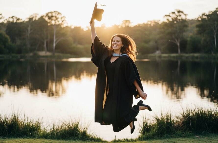 A jubilant graduate in Forest Hill, Victoria, tossing their cap high against a golden sunset backdrop near Blackburn Lake, celebrating their Forest Hill Grad Photography Melbourne Joyful Memories, captured with dramatic lighting and professional colour grading.