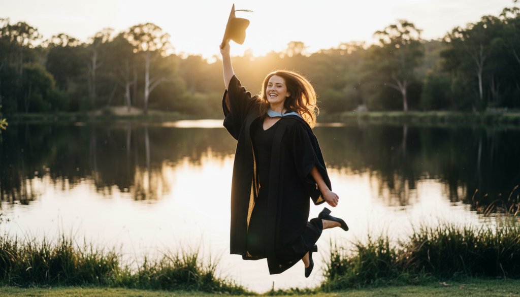 A jubilant graduate in Forest Hill, Victoria, tossing their cap high against a golden sunset backdrop near Blackburn Lake, celebrating their Forest Hill Grad Photography Melbourne Joyful Memories, captured with dramatic lighting and professional colour grading.