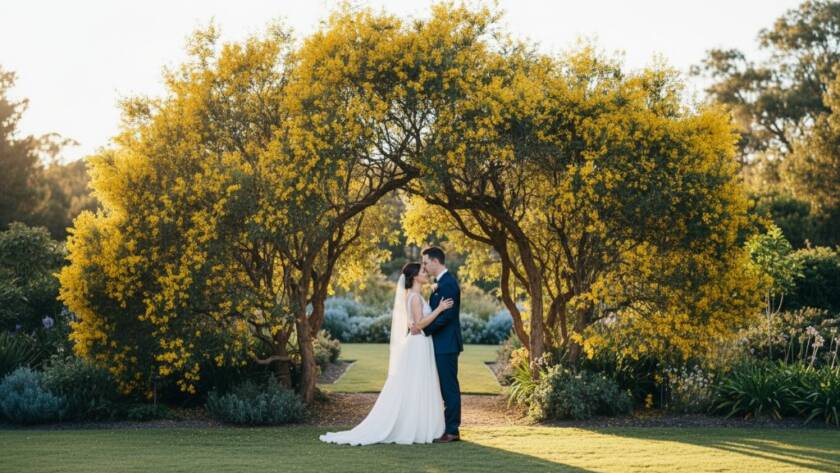 Forest Hill intimate wedding photography moment: A newlywed couple shares a tender kiss under an arch of native Australian flora, with the golden hour sun creating a warm, ethereal glow through the trees of a landscaped garden in Forest Hill, Victoria.