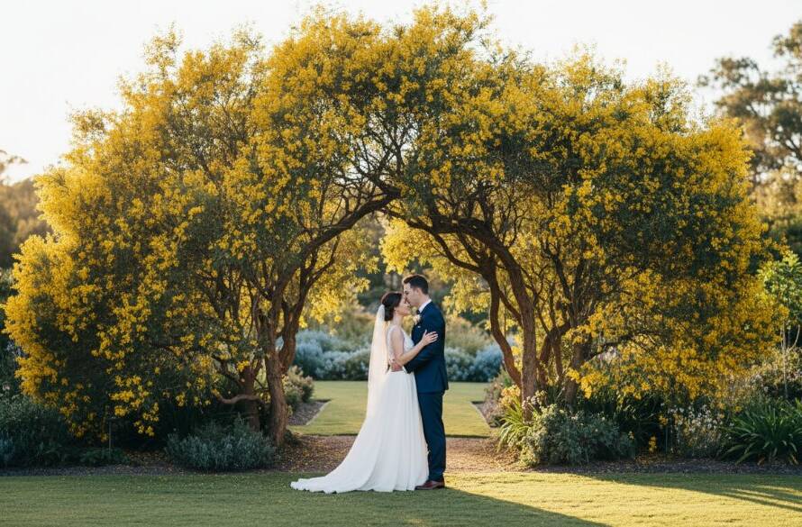 Forest Hill intimate wedding photography moment: A newlywed couple shares a tender kiss under an arch of native Australian flora, with the golden hour sun creating a warm, ethereal glow through the trees of a landscaped garden in Forest Hill, Victoria.