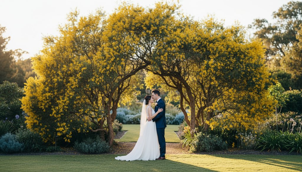 Forest Hill intimate wedding photography moment: A newlywed couple shares a tender kiss under an arch of native Australian flora, with the golden hour sun creating a warm, ethereal glow through the trees of a landscaped garden in Forest Hill, Victoria.
