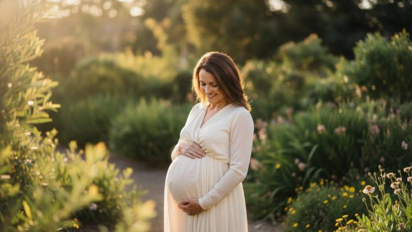An epic, emotionally resonant Forest Hill maternity photography capturing glowing memories of a heavily pregnant woman at sunset in a vibrant botanical garden. She is silhouetted against the golden hour light, gently cradling her bump, with soft focus on surrounding native Australian flora and dramatic, professional colour grading.
