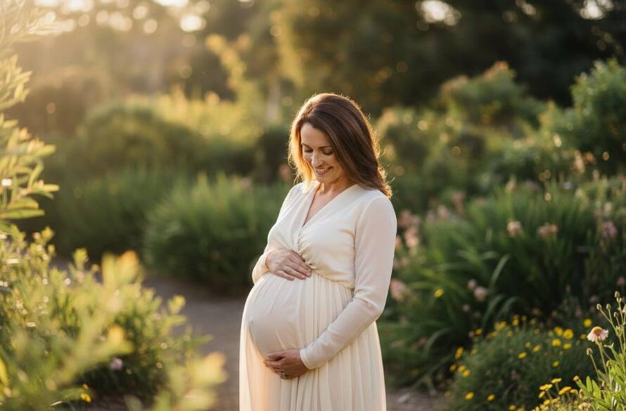 An epic, emotionally resonant Forest Hill maternity photography capturing glowing memories of a heavily pregnant woman at sunset in a vibrant botanical garden. She is silhouetted against the golden hour light, gently cradling her bump, with soft focus on surrounding native Australian flora and dramatic, professional colour grading.